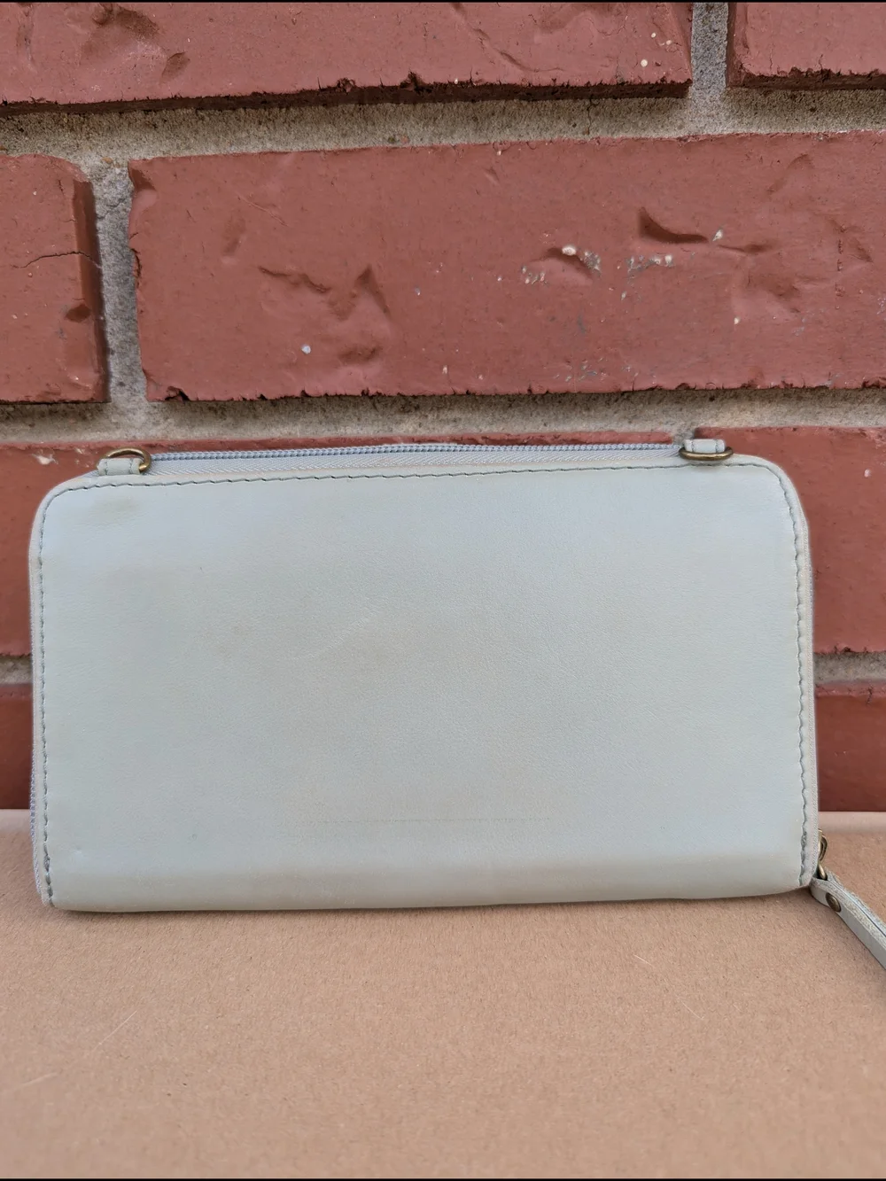 The Sak Iris Leather Large Smartphone Crossbody Wallet Sage Gray Wristlet Bag